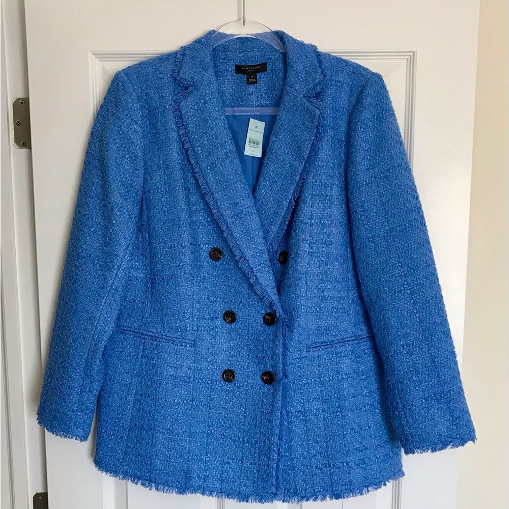 NWT Ann Taylor Blue Tweed Double-Breasted Blazer, 14P